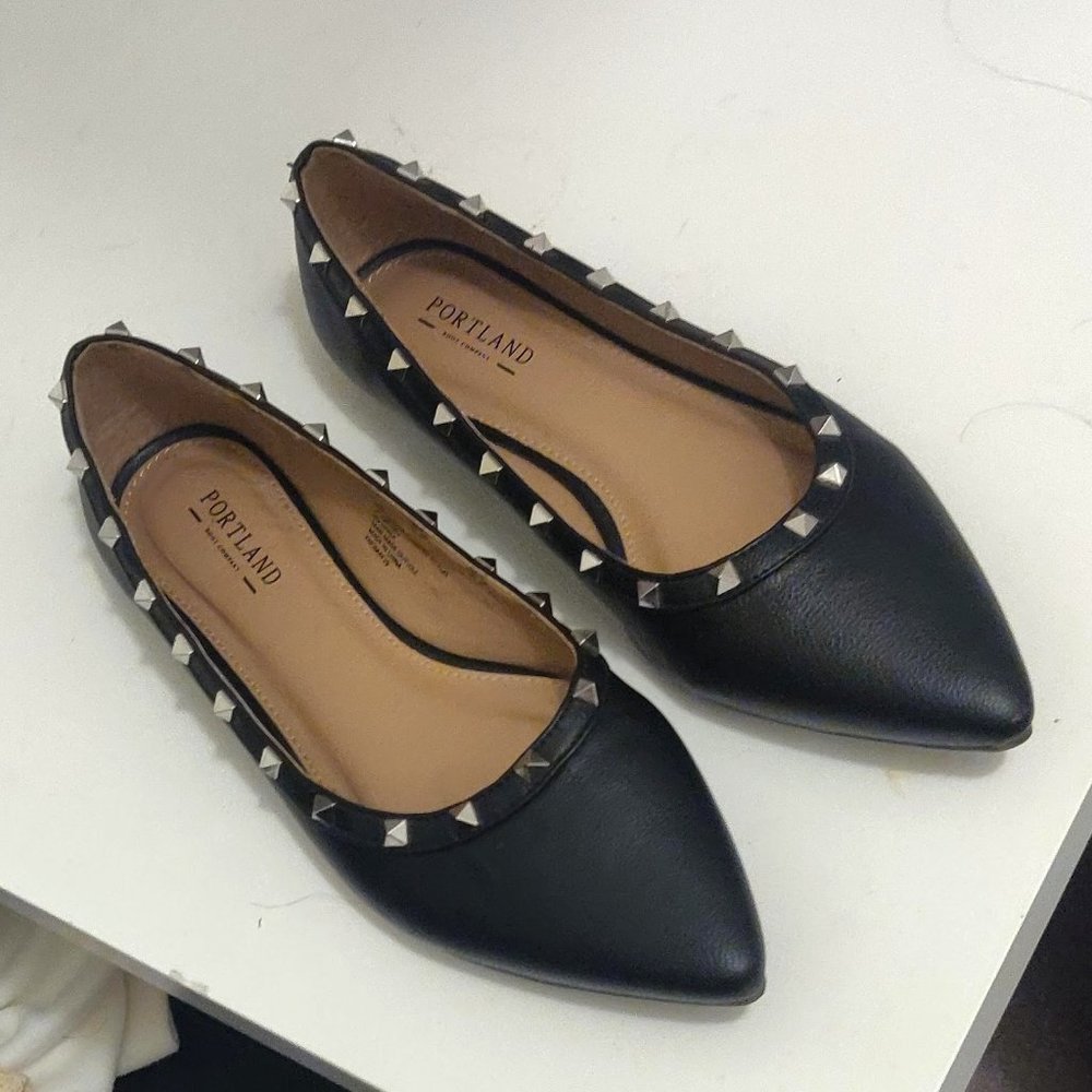 Portland Boot Co. Black Pointed Flats with Silver Spikes, Size 8